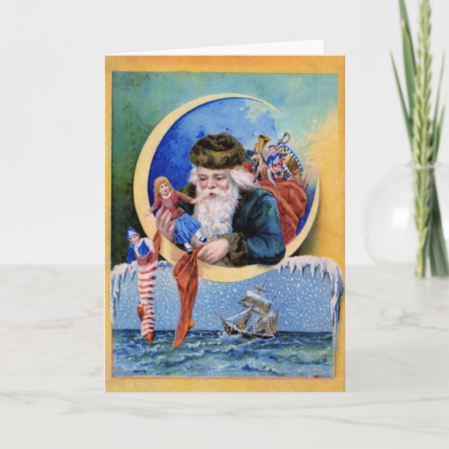 Vintage Santa Crescent Moon Holiday Card (Front)