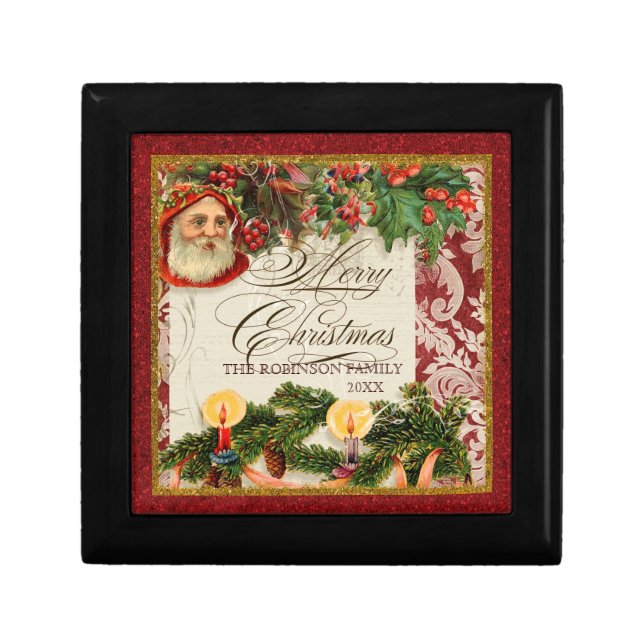 Vintage Santa Damask Holly Candle Chrismas Box (Front)