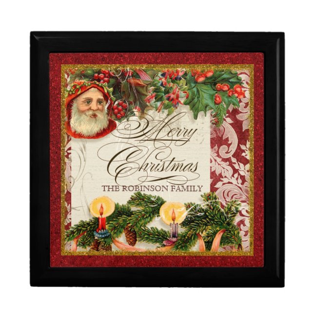 Vintage Santa Damask Holly Candle Chrismas Box (Front)