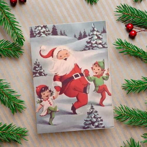 Vintage Santa Dancing with Elves Custom Christmas Holiday Card