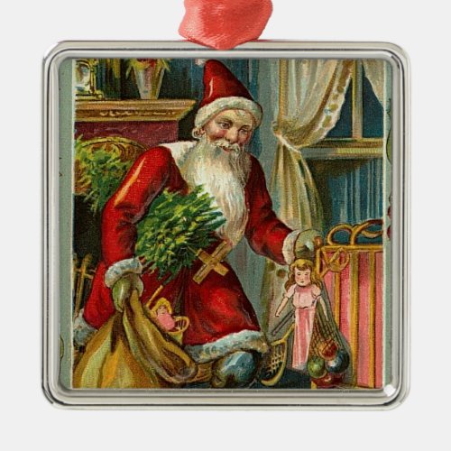 Vintage Santa Delivers Gifts Metal Ornament
