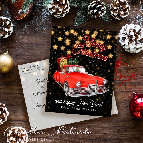 Vintage Santa Delivery Car Christmas Greetings Postcard