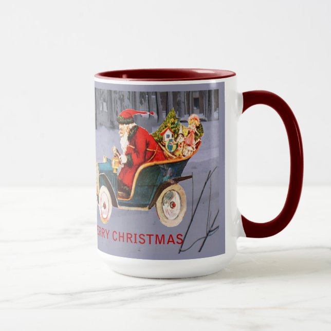 Vintage Santa Driving in a Modern Snow Scene Mug (Right)