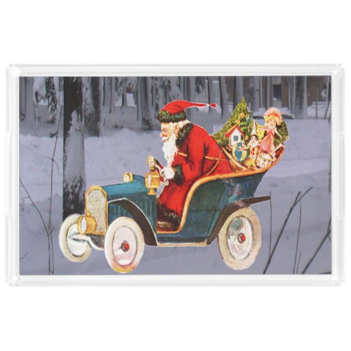 Vintage Santa Driving in a Modern Snow Scene Tray