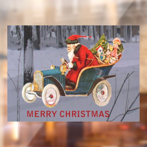 Vintage Santa Driving Modern Snow Scene 11x8 Vinyl Window Cling