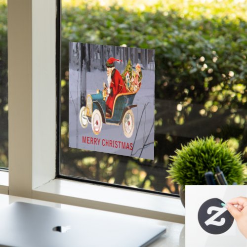 Vintage Santa Driving Modern Snow Scene 8x8 Vinyl Window Cling