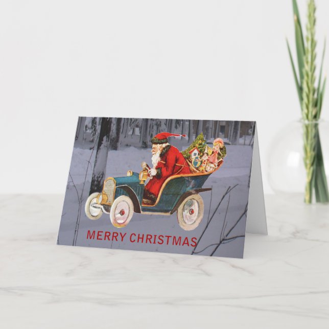 Vintage Santa Driving to Town Modern Snow Scene Holiday Card (Front)