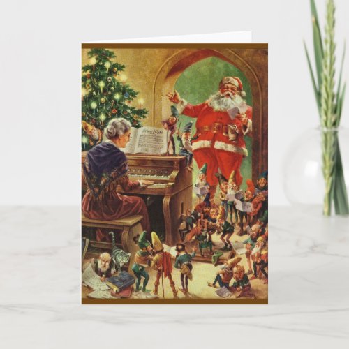 Vintage Santa Elves and Gnames Christmas Card