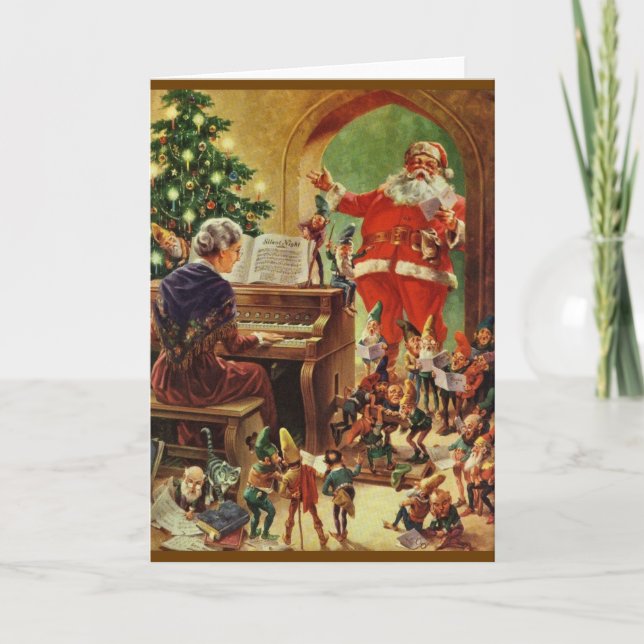 Vintage Santa, Elves and Gnomes Christmas Card (Front)