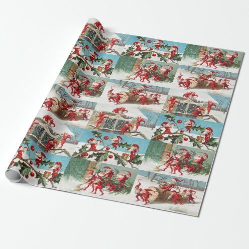 Vintage Santa Elves Christmas Illustration Pattern Wrapping Paper