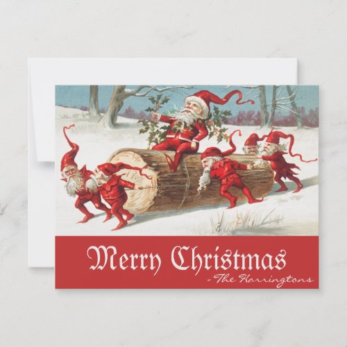 Vintage Santa Elves Merry Christmas Flat Holiday Card