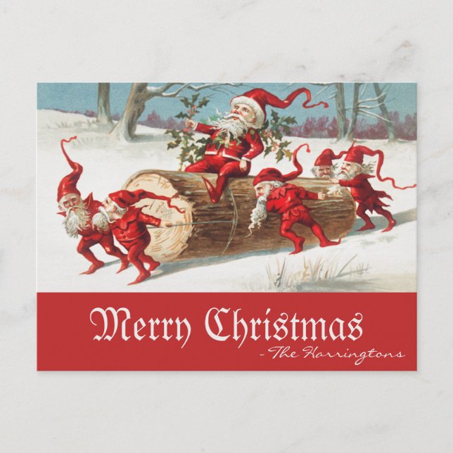 Vintage Santa Elves Merry Christmas Retro Holiday Postcard (Front)