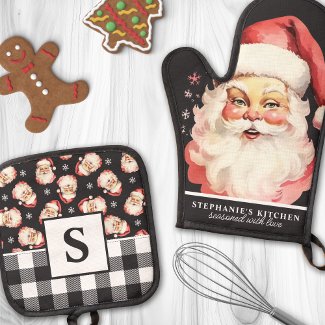 Vintage Santa Face Black Gingham Monogrammed