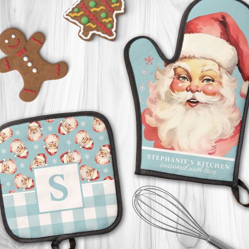 Vintage Santa Face Blue Gingham Monogrammed Oven Mitt  Pot Holder Set