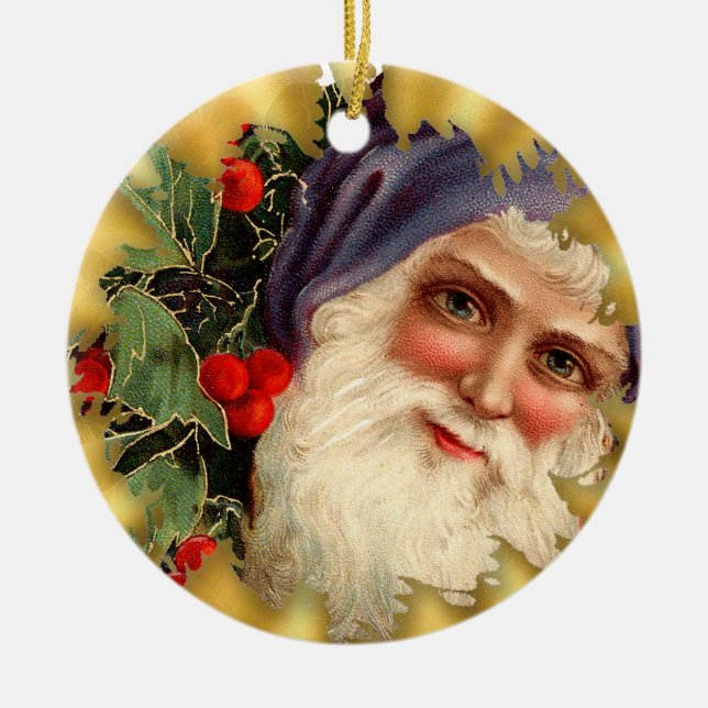 Vintage Santa Face Ceramic Christmas Ornament (Front)