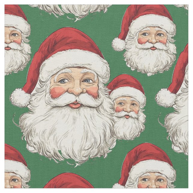 Vintage Santa Face Green  Fabric (Close Up)