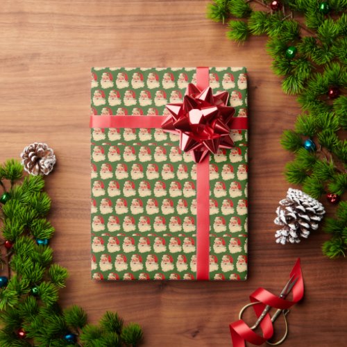 Vintage Santa Face Green Wrapping Paper
