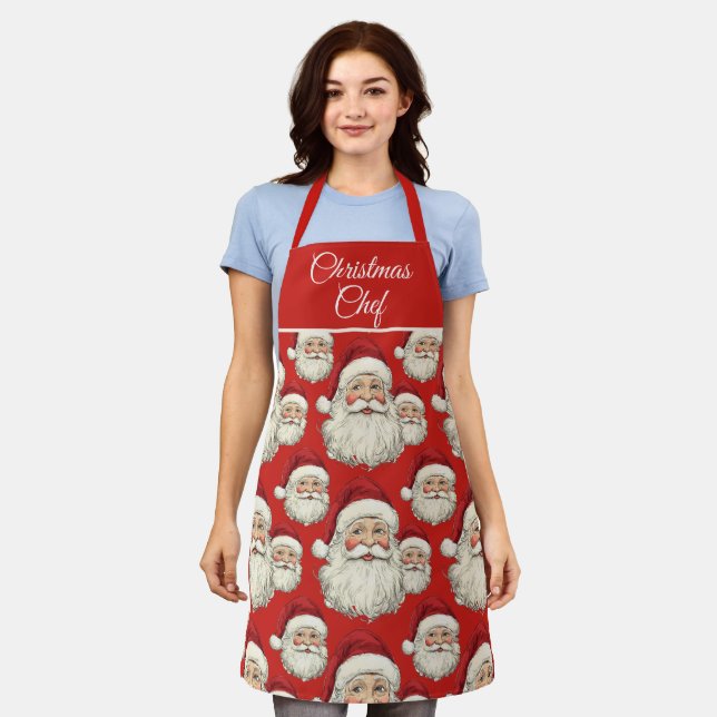 Vintage Santa Face Pattern Red Apron (Worn)