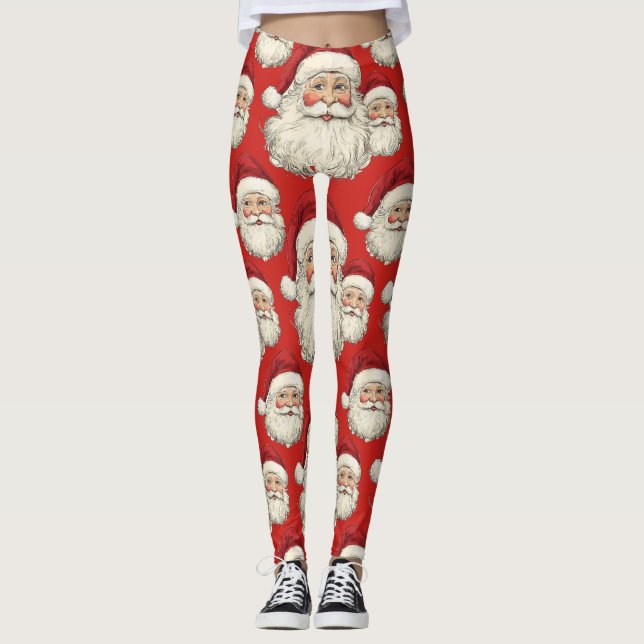 Vintage Santa Face Red Leggings (Front)