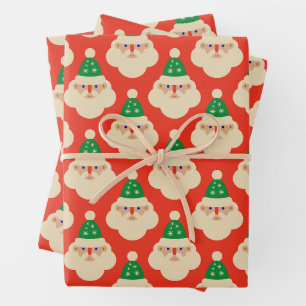 Vintage Santa Faces Red Wrapping Paper Sheets