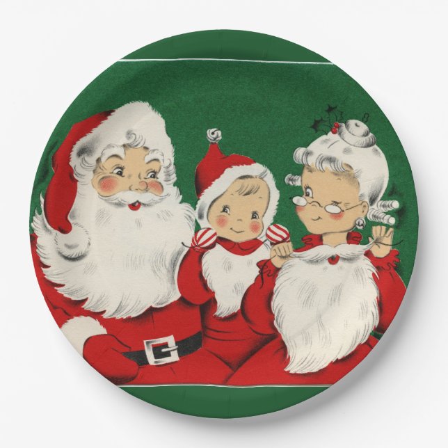 Vintage Santa Family Christmas Dinner Paper Plates (Front)