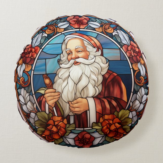 Vintage Santa Faux Stained Glass Holiday Round Pillow (Front)