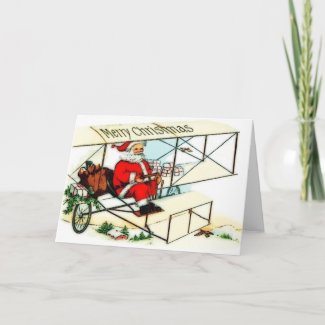 Vintage Santa Flying Bi Plane Christmas Card