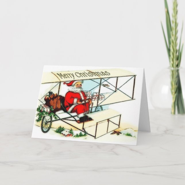 Vintage Santa Flying Bi Plane Christmas Card (Front)