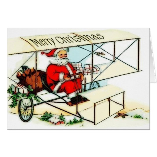 Vintage Santa Flying Bi Plane Christmas Card