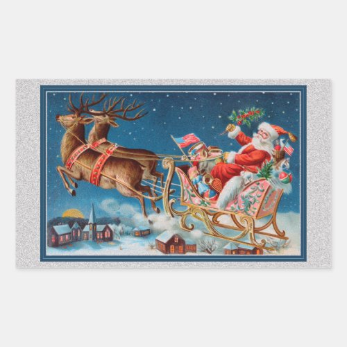 vintage santa flying sleigh rectangular sticker