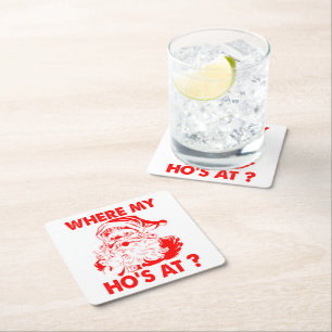Vintage Santa Funny Christmas Where My Ho's At ? Square Paper Coaster