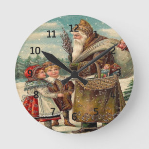 Vintage Santa Gifts for Children Red Green Round Clock