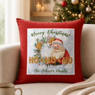Vintage Santa & Gingerbread Ho-Ho-Ho Personalized Throw Pillow