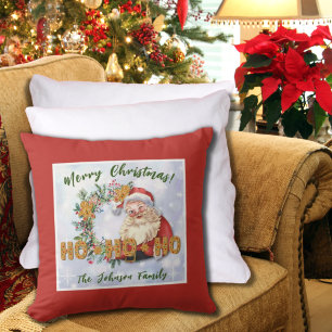 Vintage Santa & Gingerbread Ho-Ho-Ho Personalized Throw Pillow