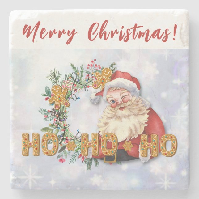 Vintage Santa & Gingerbread Ho-Ho-Ho Stone Coaster (Front)