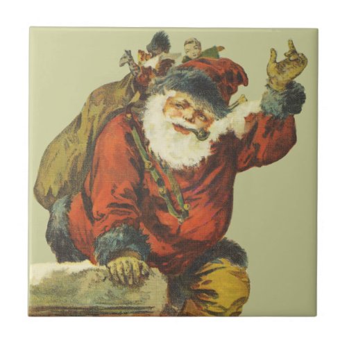 Vintage Santa Going Down Chimney Ceramic Tile