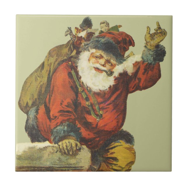 Vintage Santa Going Down Chimney Ceramic Tile (Front)