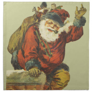 Vintage Santa Going Down Chimney Cloth Napkin