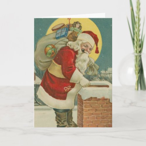 Vintage Santa going down Chimney Holiday Card