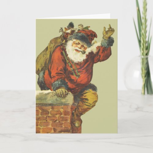 Vintage Santa Going Down Chimney Holiday Card