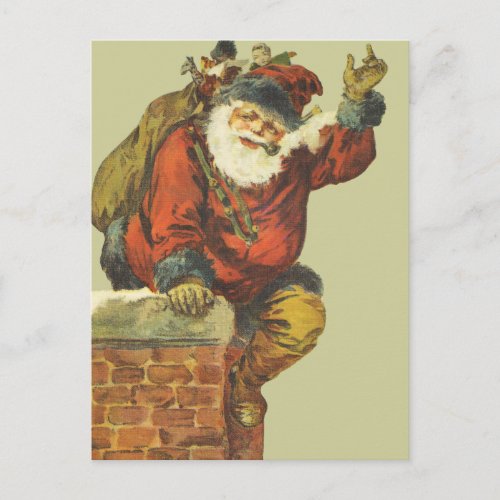 Vintage Santa Going Down Chimney Holiday Postcard