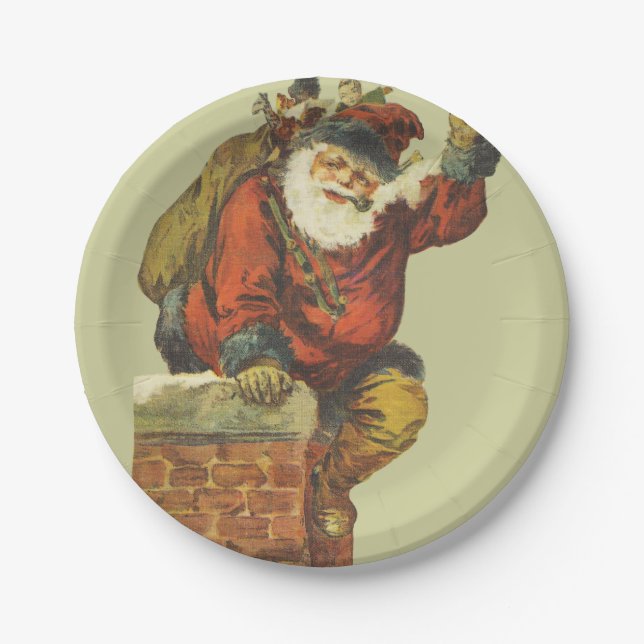 Vintage Santa Going Down Chimney Paper Plates (Front)