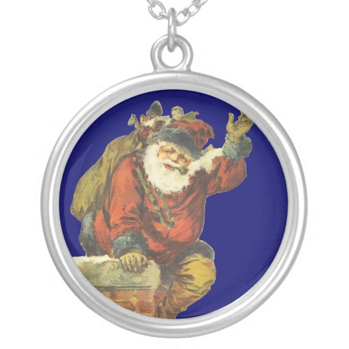 Vintage Santa Going Down Chimney Silver Plated Necklace