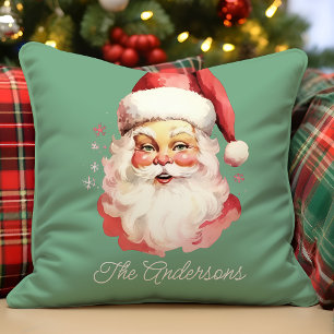Vintage Santa Green Christmas Family Design Throw Pillow