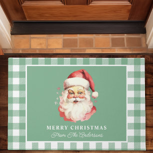 Vintage Santa Green Gingham Merry Christmas Doormat