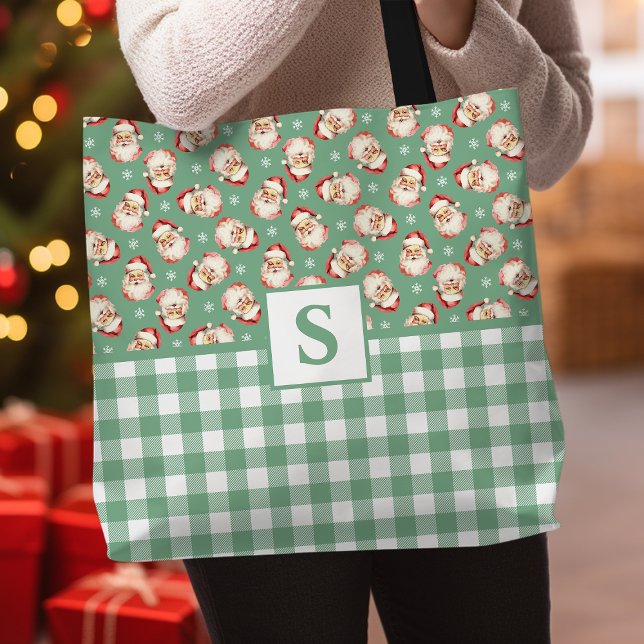 Vintage Santa Green Gingham Monogrammed Christmas Tote Bag (Creator Uploaded)