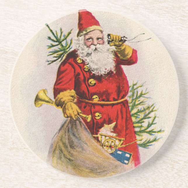 Vintage Santa Greeting Card Print Sandstone Coaster (Front)