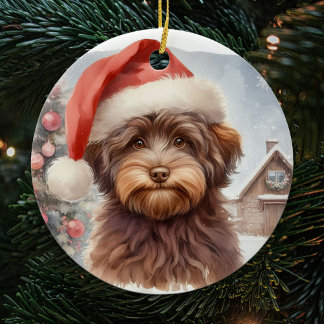 Vintage Santa Hat Brown Havanese Dog Ceramic Ornament