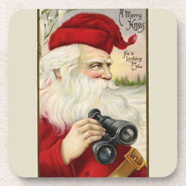 Vintage Santa Holding Binoculars Coaster (Front)