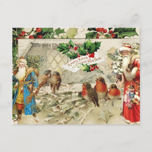 Vintage Santa Holly Berry and Birds Collage  Holiday Postcard